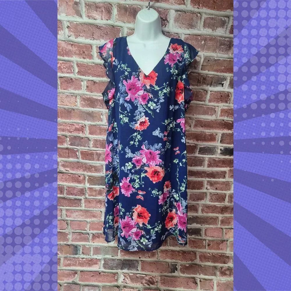 Women’s R & K Floral V-Neck Flutter Sleeve Sheer Overlay Dress Size 14